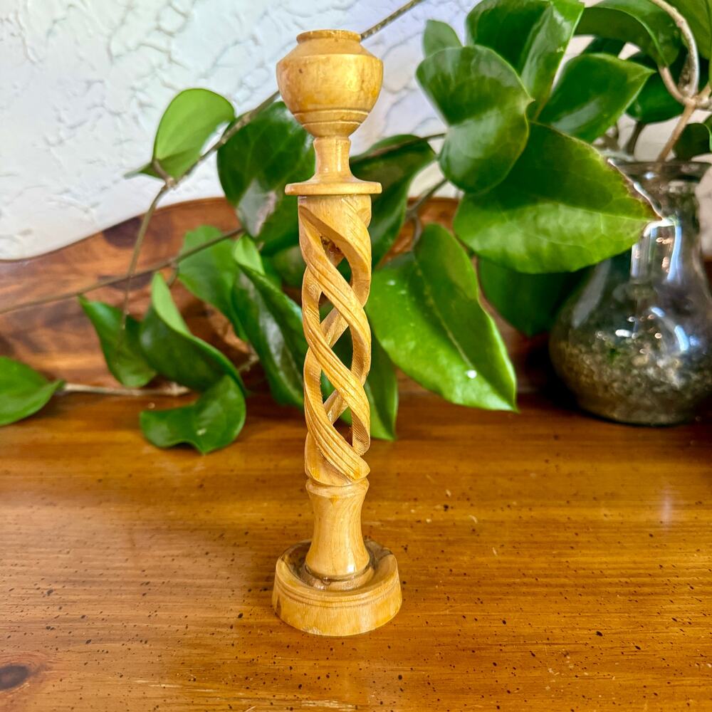 Vintage Hand Carved Olive Wood Candlestick Holder Twisted Spiral Taper Candle
